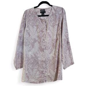 Tahari Linen Button Front Tunic Plus Size 1X Tropical Print Long Sleeve Collared